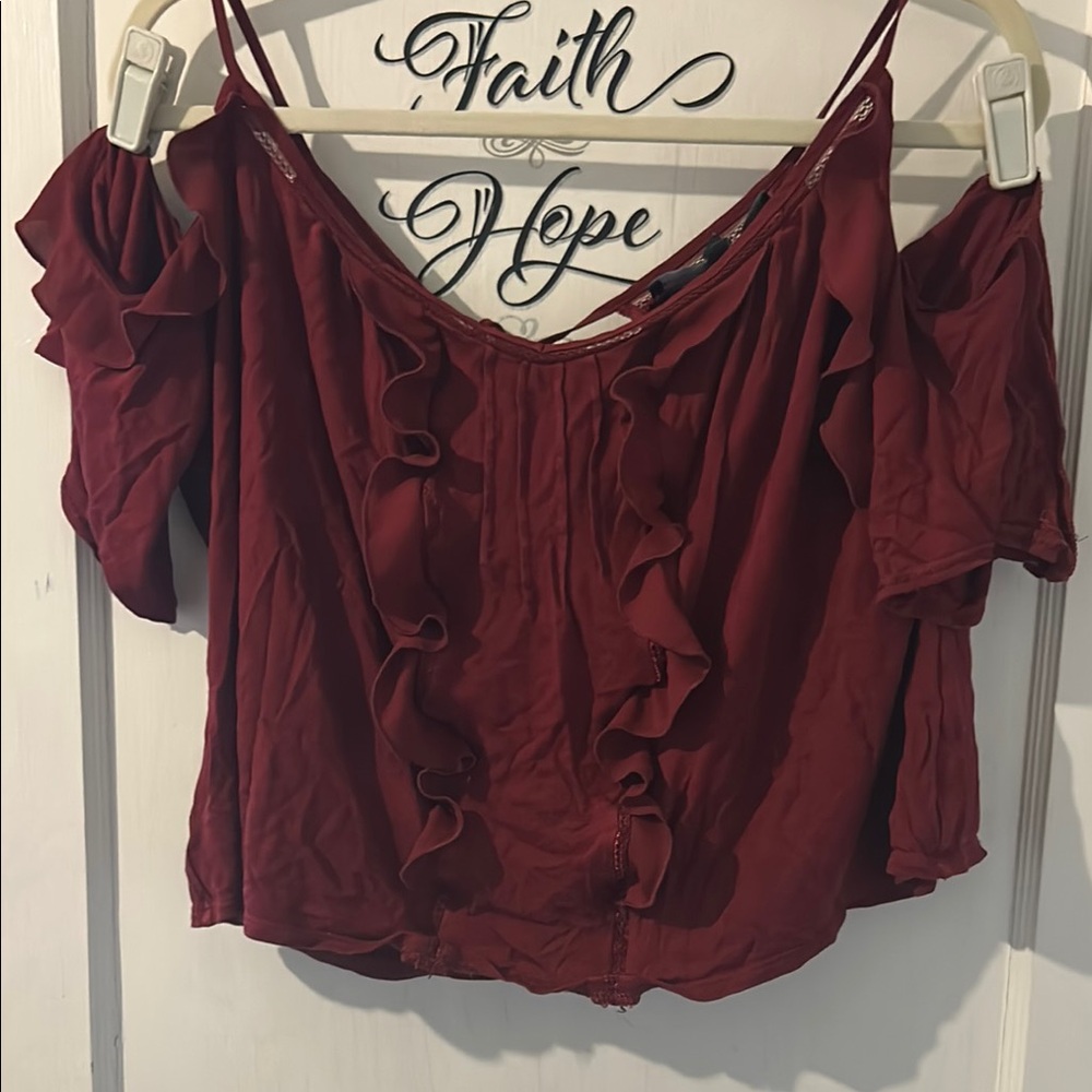 White House Black Market Red Ruffled Crop Blouse
